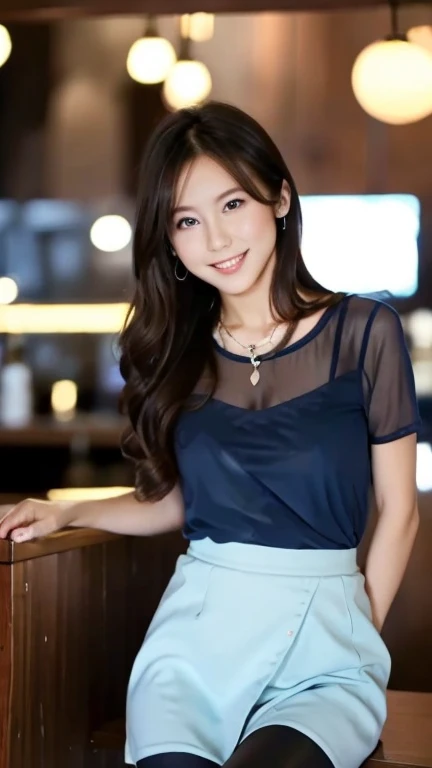 A superb exquisite real beautiful girl, semi long hair, extremely exquisite facial features, peerless beautiful girl, sheer darkblue
tops,blue camisole, black wrap skirt, exposed thighs, sweet shy smile with teeth, soft, dreamy quality, light white and dark brown, exaggerated facial features, solid color, frank off-white, surreal, blue gemstone necklace, ultra-clear, beautiful young girl, cute and lively, super short leggings, background at the bar counter, deep-blue sheer thighhigh,