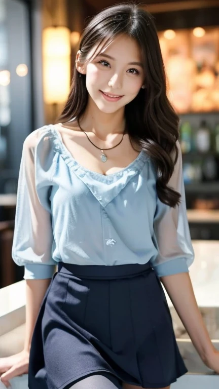 A superb exquisite real beautiful girl, semi long hair, extremely exquisite facial features, peerless beautiful girl, sheer darkblue
tops,blue camisole, black wrap skirt, exposed thighs, sweet shy smile with teeth, soft, dreamy quality, light white and dark brown, exaggerated facial features, solid color, frank off-white, surreal, blue gemstone necklace, ultra-clear, beautiful young girl, cute and lively, super short leggings, background at the bar counter, deep-blue sheer thighhigh,
