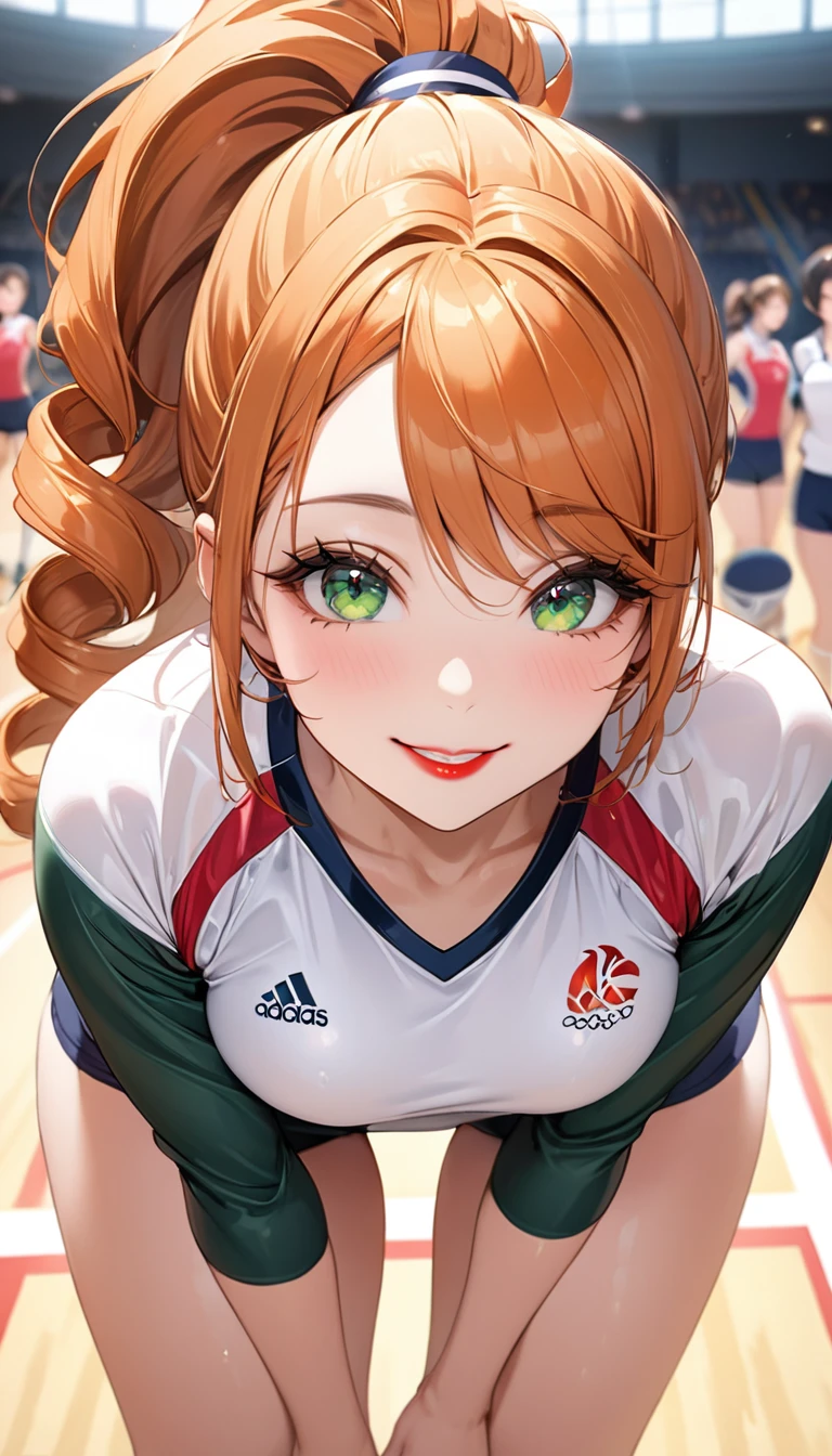 (Highest quality,4K,8k,High resolution,masterpiece:1.2),Very detailed,32-year-old woman、(((Mature Woman))), (((Mature Woman))), Best Bust、Large Breasts, Cleavage、Beautiful Eyes、Orange Hair、Moss green eyes、Red lips, ((ponytail)), (Drill Hair), ((amount)),  Very cute face, Glossy Lips, Double eyelids on both eyes,Natural smile、Tight waist、(volleyball uniform), Natural Makeup, smile, Long eyelashes, Shiny and smooth hair、tall、standing, leaning forward, forward bend, head down, hands on ankle, low angle, ((cowboy shot)), In a crowded gymnasium、Olympic Venues、Shallow depth of field