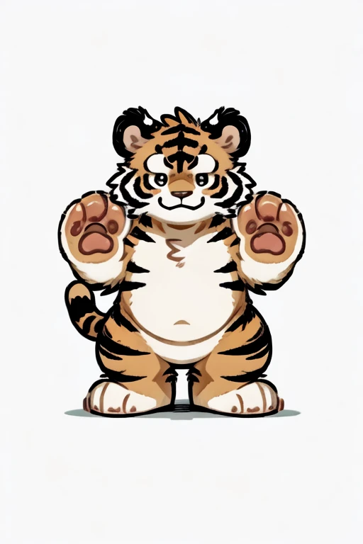 tiger face,Cute face,Humanity(tiger), Chubby, muscular character, simple background, print style。(Artist:Takemoto Arashi ), paw gloves, tiger paws, paw pose, half body