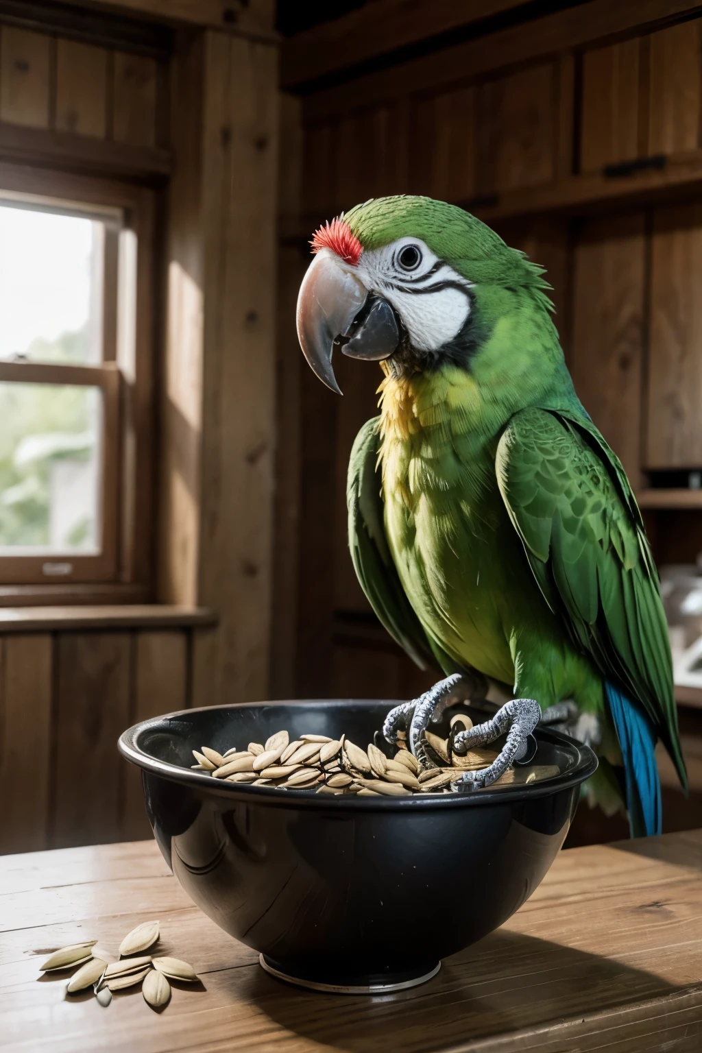 parrot eating sunflower seeds in a bowl