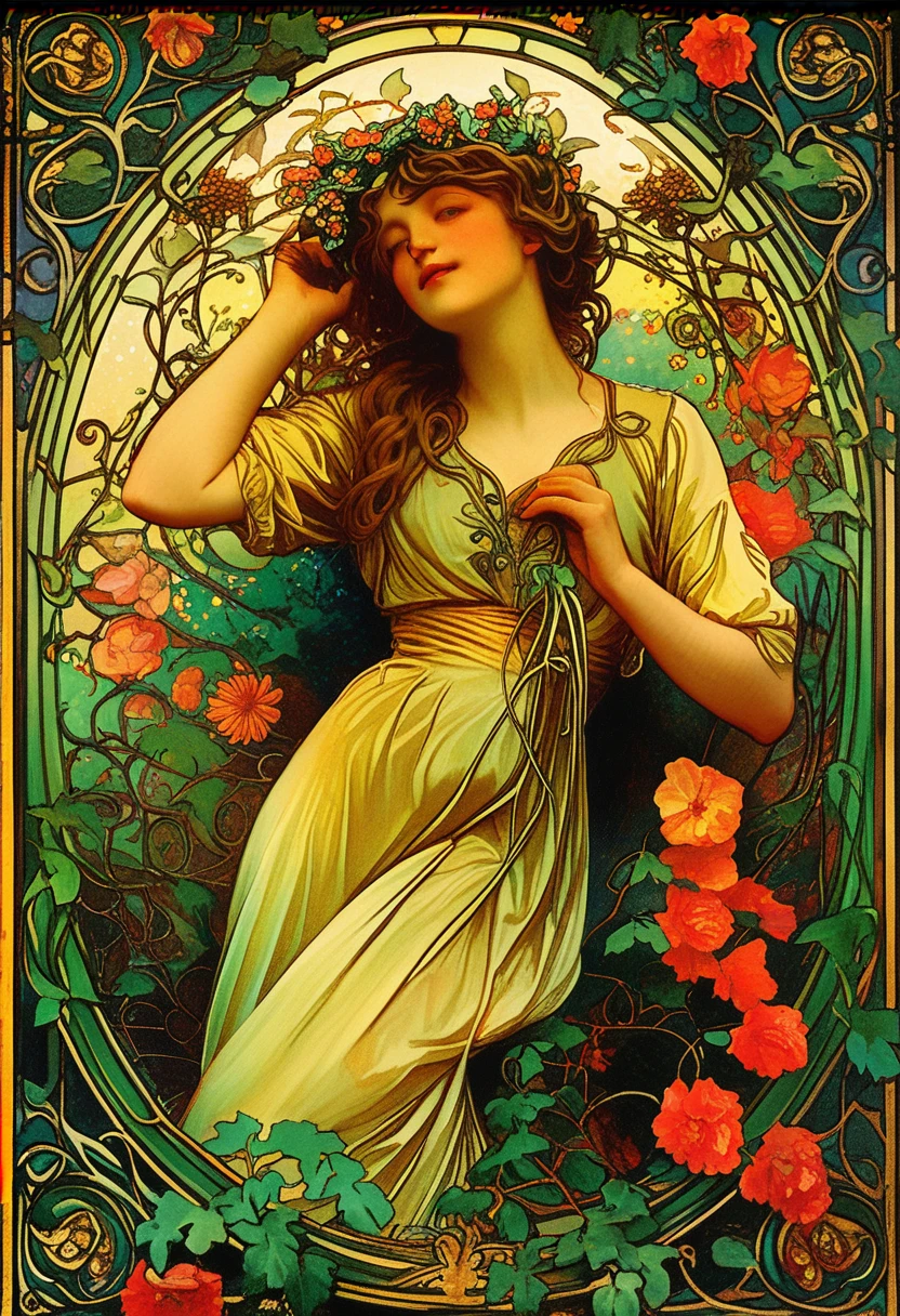 A lush garden, intricate floral patterns, detailed petals, vibrant colors, ornate art nouveau style, Alfons Mucha inspired, beautiful woman surrounded by flowers, elegant flowing dress, ornamental leaves and vines, warm lighting, detailed facial features, delicate skin, dreamy atmosphere, photorealistic, 8k, best quality, masterpiece