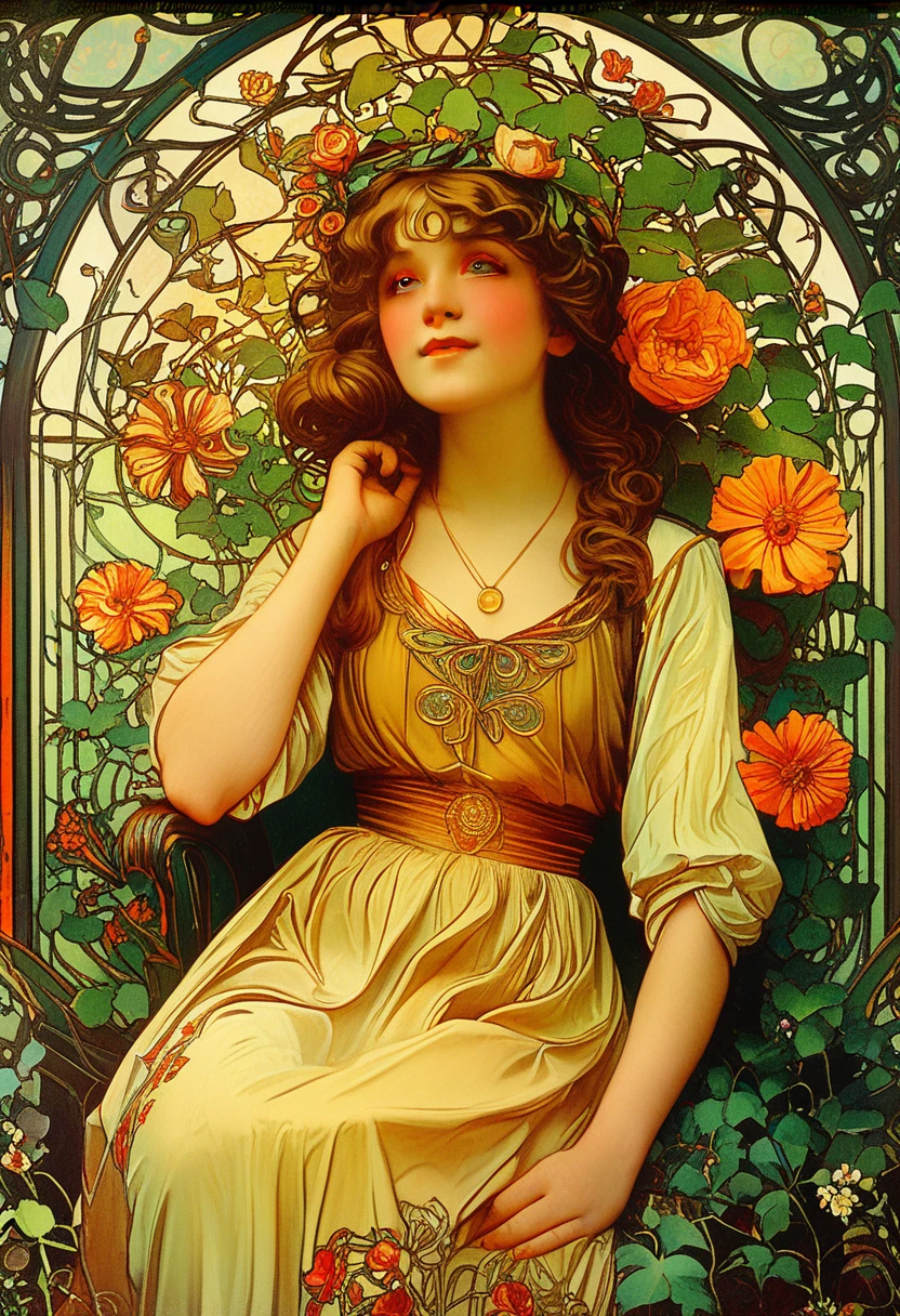 A lush garden, intricate floral patterns, detailed petals, vibrant colors, ornate art nouveau style, Alfons Mucha inspired, beautiful woman surrounded by flowers, elegant flowing dress, ornamental leaves and vines, warm lighting, detailed facial features, delicate skin, dreamy atmosphere, photorealistic, 8k, best quality, masterpiece