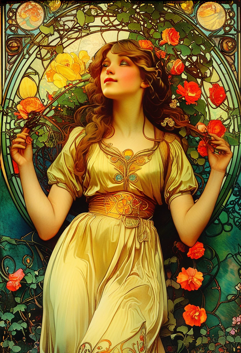 A lush garden, intricate floral patterns, detailed petals, vibrant colors, ornate art nouveau style, Alfons Mucha inspired, beautiful woman surrounded by flowers, elegant flowing dress, ornamental leaves and vines, warm lighting, detailed facial features, delicate skin, dreamy atmosphere, photorealistic, 8k, best quality, masterpiece
