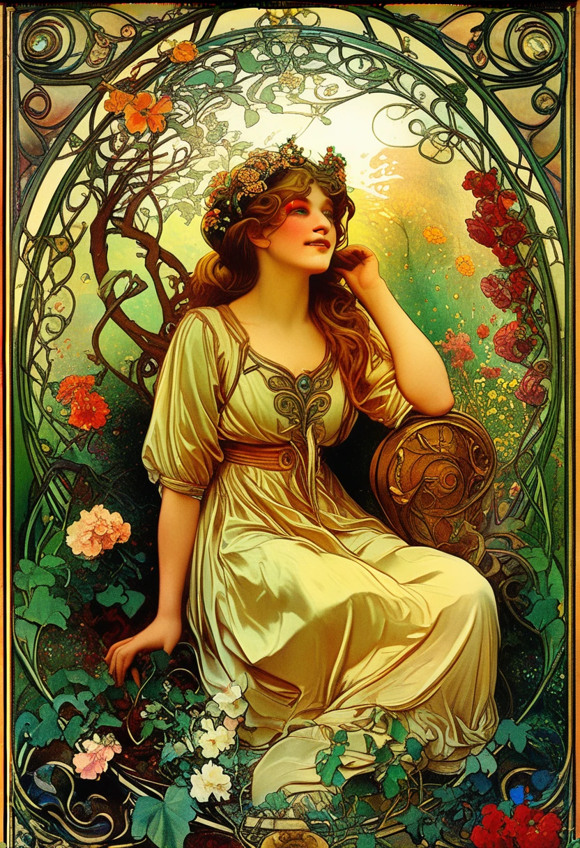 A lush garden, intricate floral patterns, detailed petals, vibrant colors, ornate art nouveau style, Alfons Mucha inspired, beautiful woman surrounded by flowers, elegant flowing dress, ornamental leaves and vines, warm lighting, detailed facial features, delicate skin, dreamy atmosphere, photorealistic, 8k, best quality, masterpiece