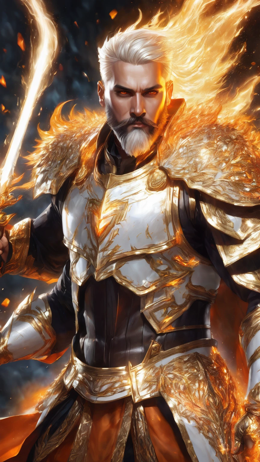 create a 33 year old man big fiery colo white shine hair, big fiery beard bright orange fiery eyes, muscular body, crystallized white gold and ivory armor, bright white skin color shine, hands with fire, bright thunder scene