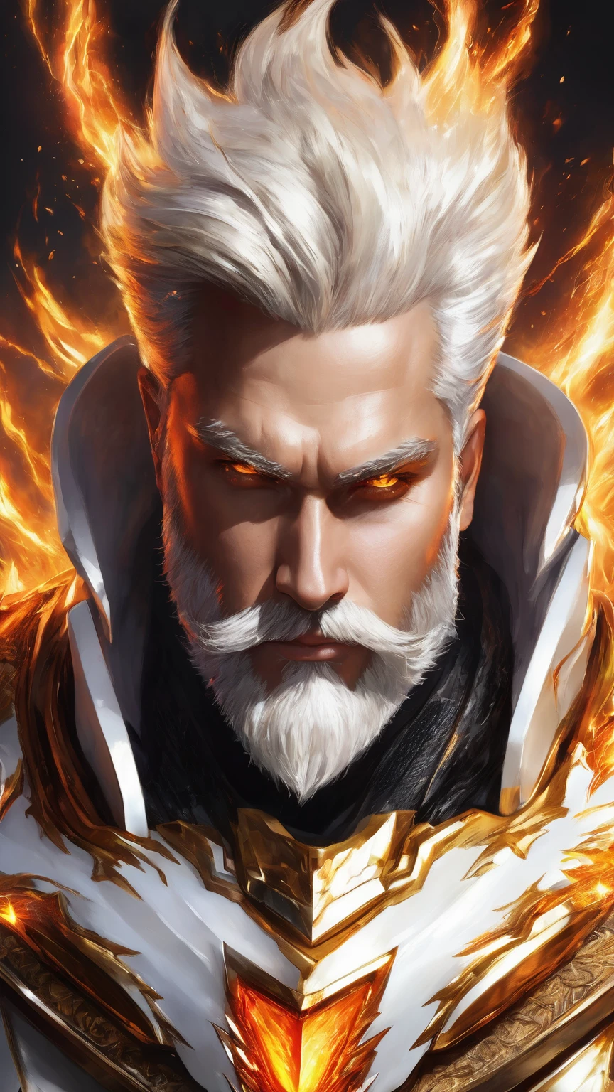 create a 33 year old man big fiery colo white shine hair, big fiery beard bright orange fiery eyes, muscular body, crystallized white gold and ivory armor, bright white skin color shine, hands with fire, bright thunder scene