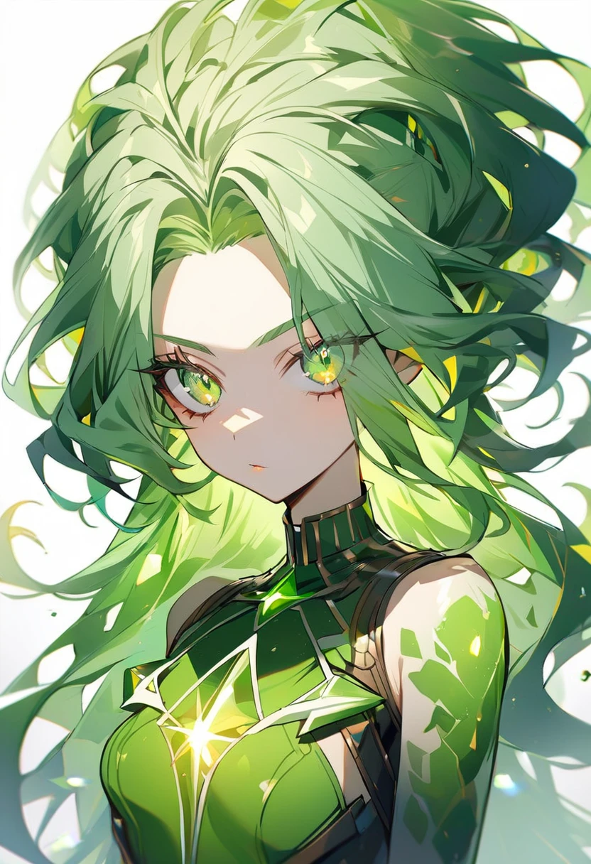 1girl, soght green eyeliner, green dress,light green long perm hair,sparkling light green eyes,(((white background))),(forehead),like evil