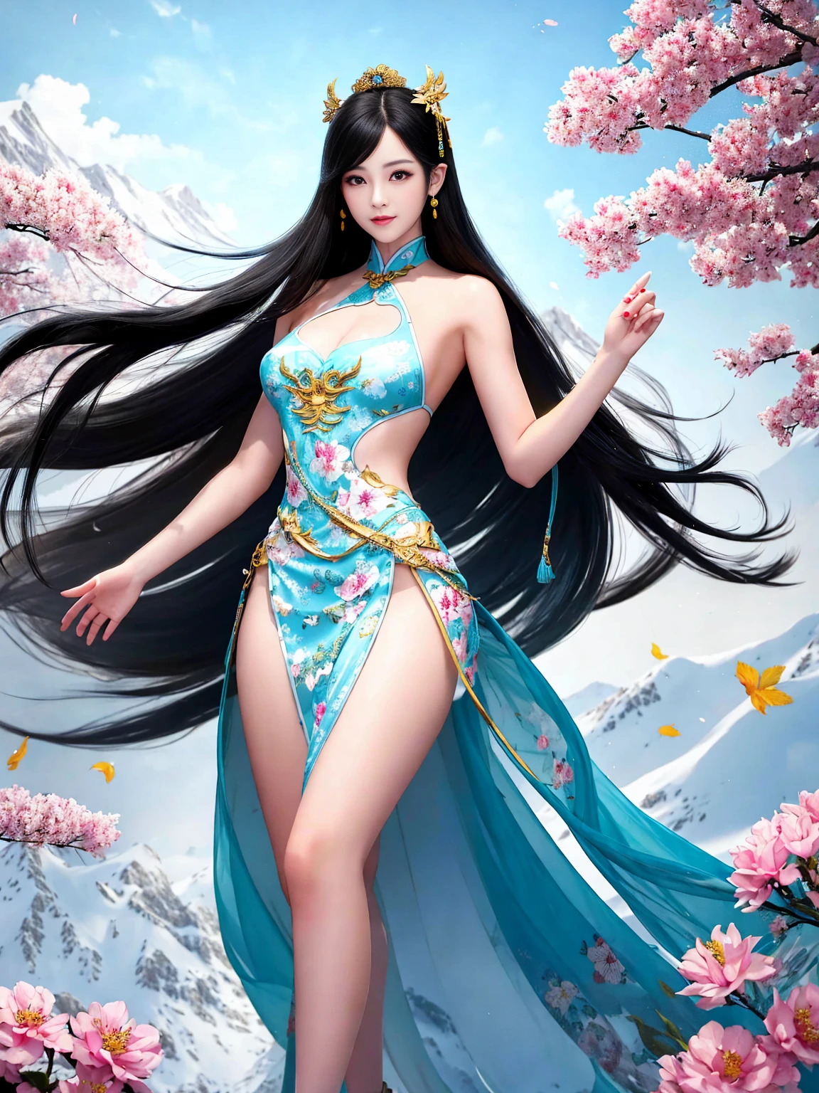 Top quality, masterpiece, high resolution, Chinese,，，，mountain peak，,The Peak,,,,,,Rooftop,,,,,,,naked,，stand erect，,1girl, charming appearance and personality, big body, extremely sexy, ，，，，Floral print ，， ，Floral print，， Light yellow floral fragments，，(transparent ), large hollow see-through, beautiful and delicate face, (desire figure) perfect slim figure (nipple slip: 0.5), perfect white skin，stand erect，，Smooth black long hair，，，，Black Hair