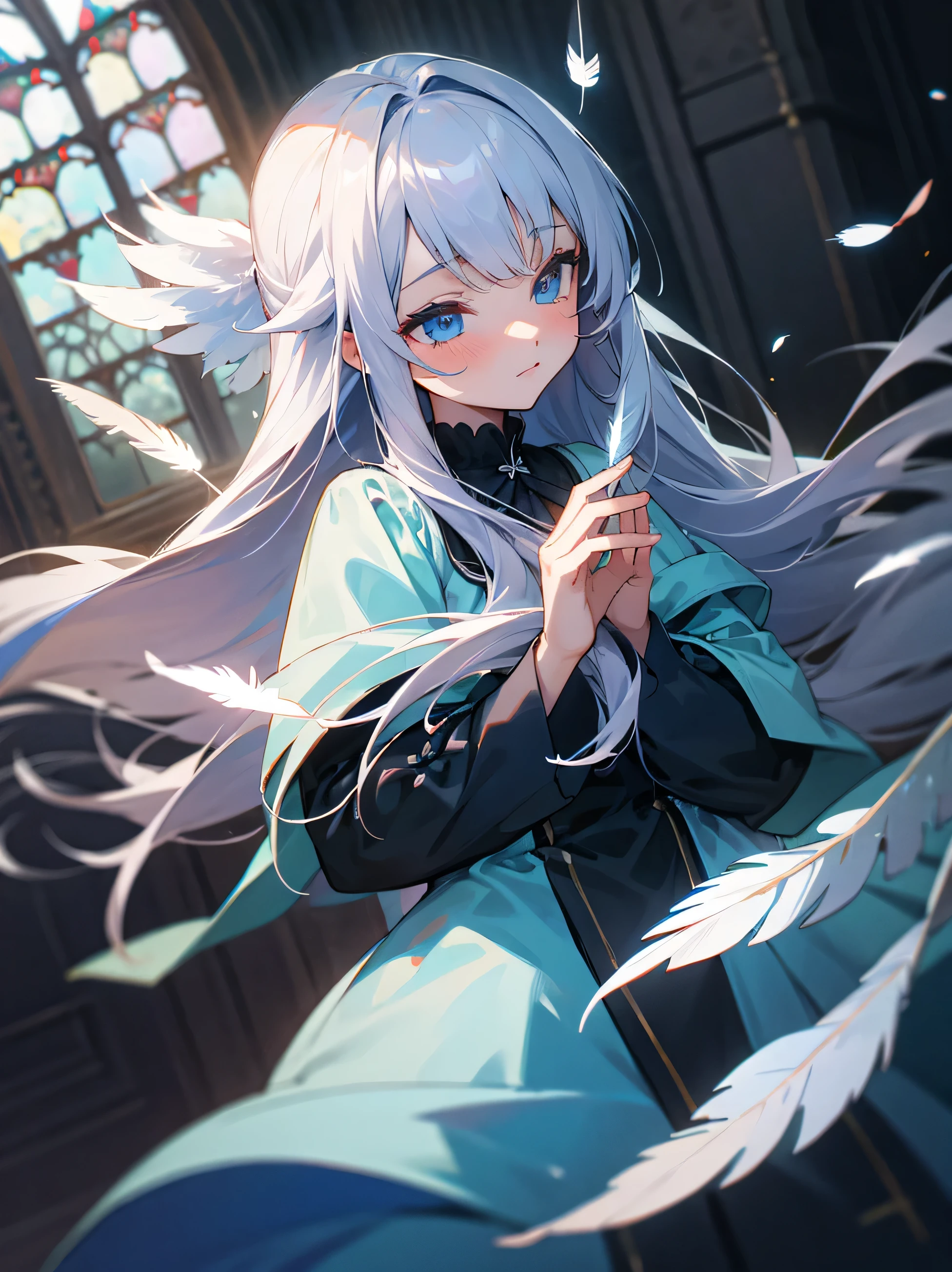 kawaii, anime, Cute, hyper quality, highly detailed, 8k, Clarity, Draw facial expressions in detail, A girl with long silver hair winks, mysterious, gothic style, highlight on eyes, church, Sleeping, Feathers dance, The wind passes through, Flowers waving in the wind, offer a prayer, light pours from heaven, aerial view, Uplifting, eye color is blue, upward glance, 	