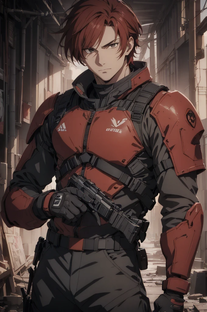 1man, handsome, red hair, wearing combat suit, ultra high resolution, best quality, masterpiece, rtx,ray tracing, 4k, top quality, highly detailed, official art, stunning visuals 