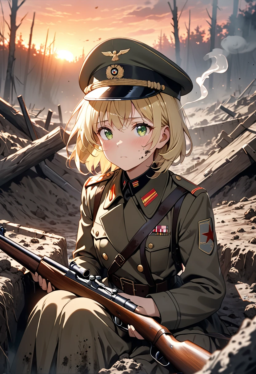 A portrait of a girl drawn in the world of the anime "Saga of Tanya the Evil",The girl has short blonde hair, messy texture, and stray hairs.He is wearing an old, muddy military uniform like that of the former German army.Wearing an old military hat、The girl has  green eyes.Sunset sky In a trench beneath the Eastern front, looking up at the sky and smoking a cigarette,Sitting in the trenches smoking cigarettes,(An old rifle slung over his shoulder1.2),The sky on the eastern front was filled with gunpowder and smoke from burnt trees, creating a lonely atmosphere.It represents a moment of peace in the midst of battle.The youthfulness of a girl's face and the dignity of a soldier,A face covered in mud,High quality, high quality image, (masterpiece best quality, 4k, 8k, :1.2)Ultra detail,Ultra-fine painting,Cinematic lighting,Idiot,