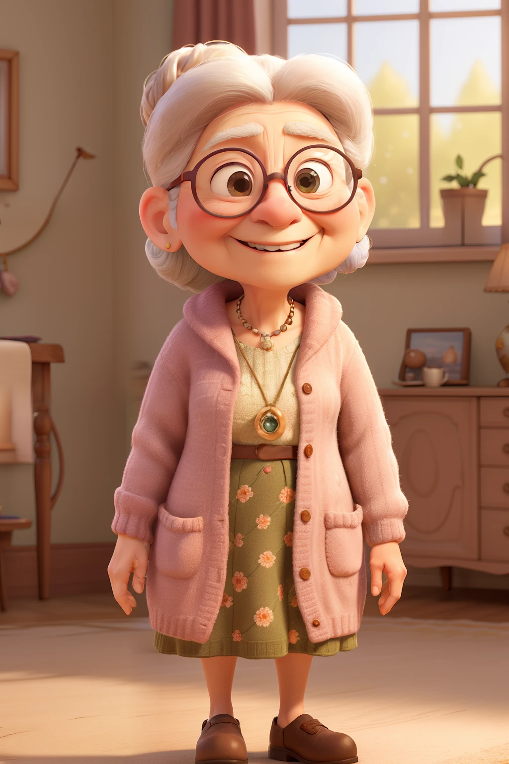 A 3D Pixar Disney-style image reveals a sweet, elderly grandmother, radiant with a warm, gentle smile. Her face is adorned with soft wrinkles that speak of a life filled with love and laughter. She wears round glasses that add to her charming appeal, and her hair is neatly tied in a bun, reflecting her meticulous nature. She is dressed in a cozy, knitted cardigan, its soft colors blending harmoniously with the floral pattern of her dress. The scene is set in a bright, cheerful living room, the morning sun streaming through the window, casting a warm glow on the room's cozy atmosphere. The sunlight dances on the