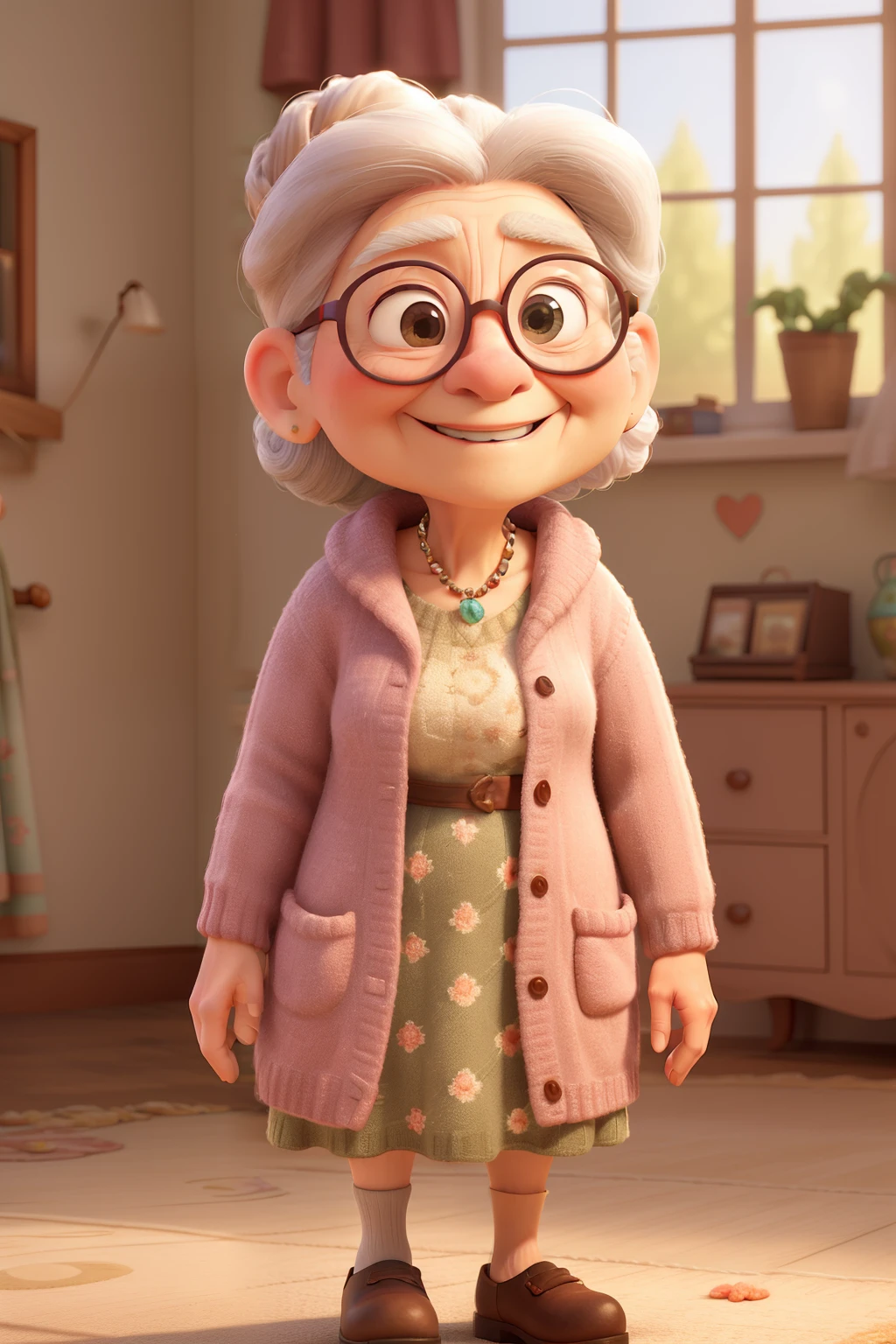 A 3D Pixar Disney-style image reveals a sweet, elderly grandmother, radiant with a warm, gentle smile. Her face is adorned with soft wrinkles that speak of a life filled with love and laughter. She wears round glasses that add to her charming appeal, and her hair is neatly tied in a bun, reflecting her meticulous nature. She is dressed in a cozy, knitted cardigan, its soft colors blending harmoniously with the floral pattern of her dress. The scene is set in a bright, cheerful living room, the morning sun streaming through the window, casting a warm glow on the room's cozy atmosphere. The sunlight dances on the