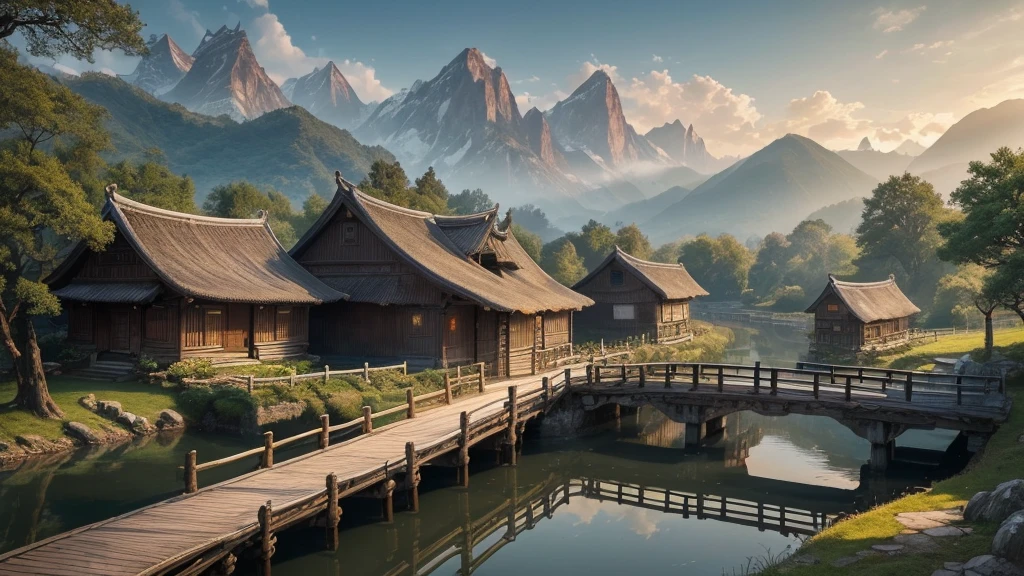 masterpiece, high quality, High resolution,8k, Chinese painting ,, 枯れたブドウのwood, old age ((wood)), evening ((Small Bridge)), water flowing, (((Humble Dwelling))), (horse:1.6),, A cold wind blows from the west ((Ancient road)),, When the sun goes down, Dragon Quest