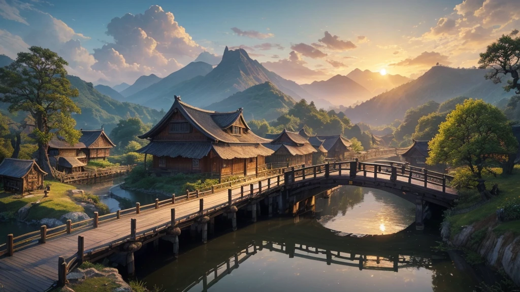 masterpiece, high quality, High resolution,8k, Chinese painting ,, 枯れたブドウのwood, old age ((wood)), evening ((Small Bridge)), water flowing, (((Humble Dwelling))), (horse:1.6),, A cold wind blows from the west ((Ancient road)),, When the sun goes down, Dragon Quest