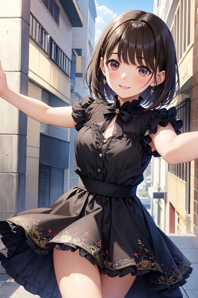 anegasaki nene、Shiny brown hair, short hair, (Beautiful brown eyes、Sparkling eyes, Fine grain)、smile、Ultra-detailed eyes、Highly detailed face, Highly detailed eyes,


Highest quality、Best image quality、masterpiece、、
masterpiece, Highest quality, High resolution, Aero, , Medium chest, clavicle, Exposing shoulders, dress, ノースリーブdress, 短いdress, 重ね着dress, フリルのdress, Black Bow, rooftop, smile, Are standing, Outstretched arms, city, petal