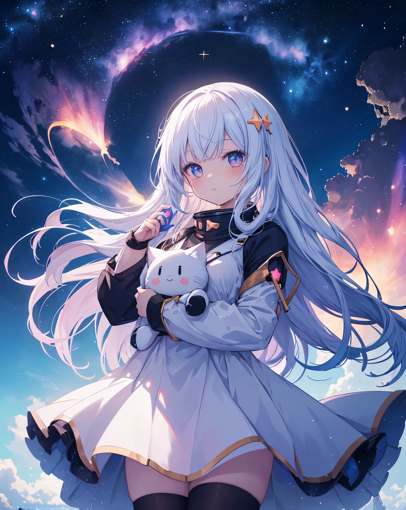 anime nekogirl looking at a shooting star above the clouds, highly detailed raw color photo, dynamic pose, (cosmic: 1.4), (necropolis: 1.1), (science fiction setting), chromatic aberration, depth of field, soft lighting, masterpiece, best quality, intricate, (lens reflection: 0.7), (flowering: 0.7), particle effects, ray tracing. She's holding a plush.she has tremendous power.