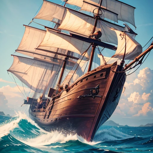 pirate boat on the high seas with pirate looking at jumping fish