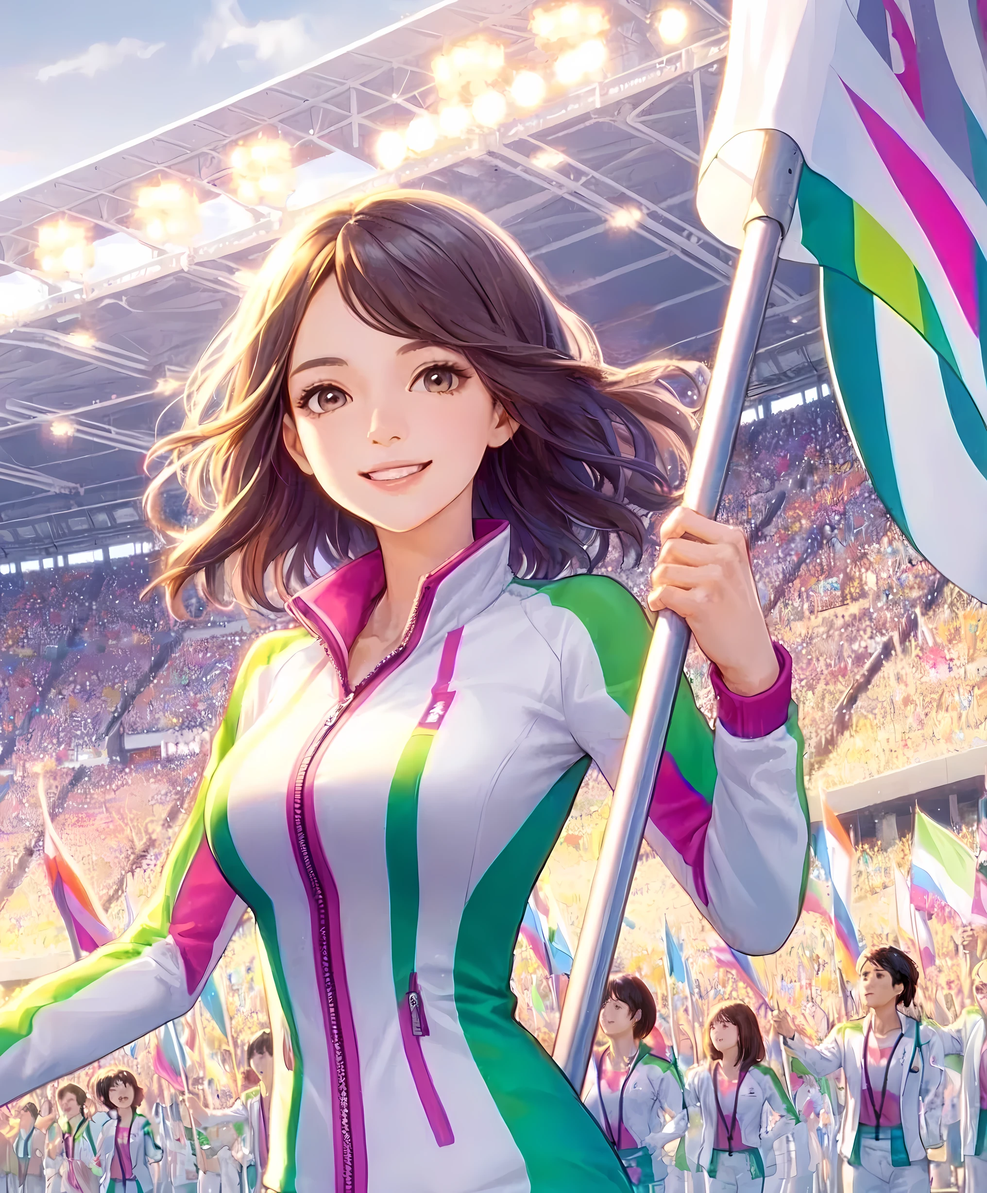 1lady walking slowly, (holding pole of large flag), (tracksuit vibrant with sporty colors), (mature female:0.8), /(gray brown hair/) bangs, brightly smile, (teeth:0.8), (masterpiece best quality:1.2) delicate illustration ultra-detailed, large breasts BREAK (large flag waving) BREAK (Olympic stadium) indoors, (opening ceremony), excitement, athletes, audience, detailed background