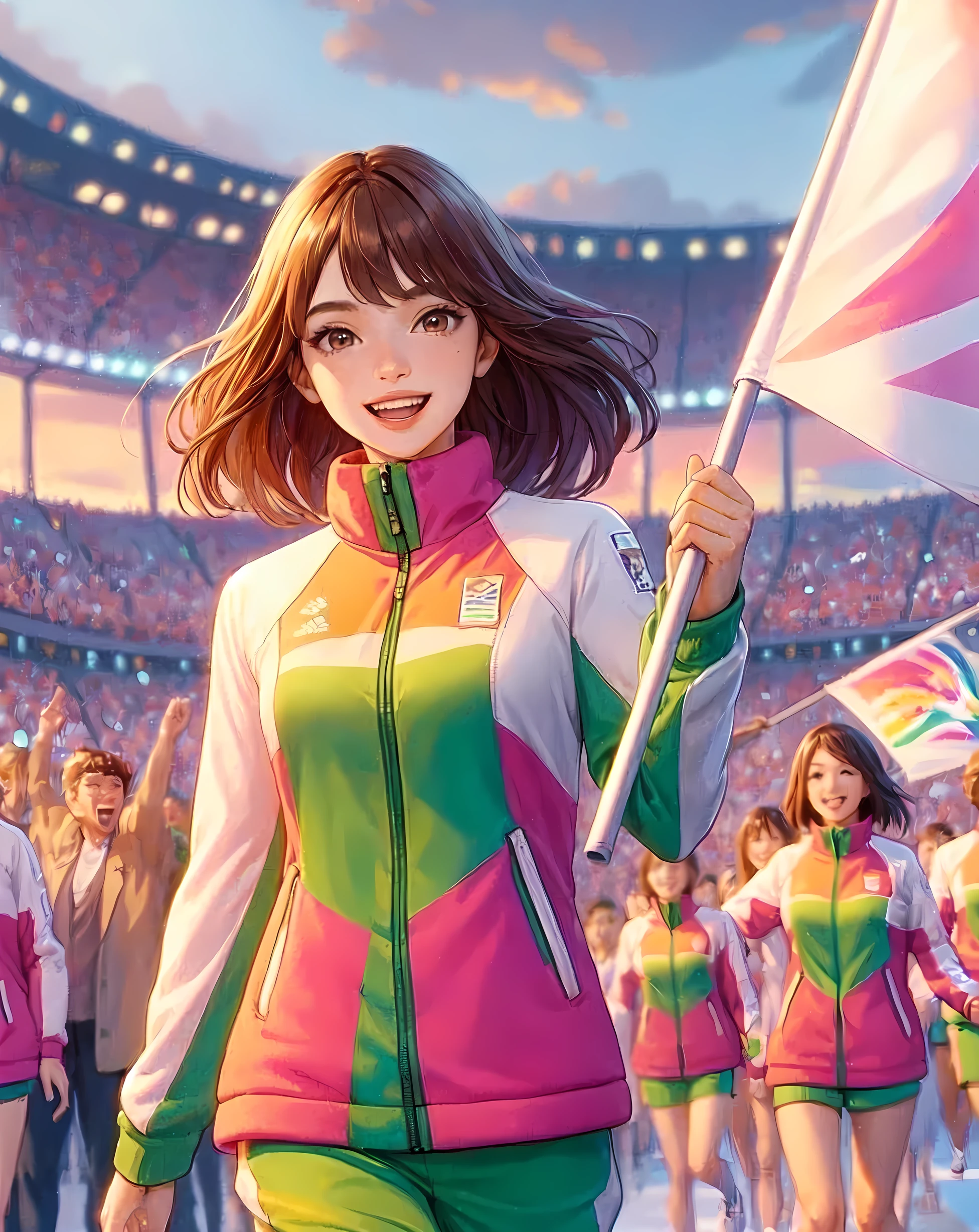 1lady walking slowly, (holding pole of large flag), (tracksuit vibrant with sporty colors), (mature female:0.8), /(reddish-brown hair/) bangs, brightly smile, (teeth:0.8), (masterpiece best quality:1.2) delicate illustration ultra-detailed, large breasts BREAK (large flag waving) BREAK (Olympic stadium) indoors, (opening ceremony), excitement, athletes, audience, detailed background