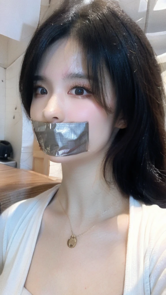 (highest quality, Realism, 8k, 32k, masterpiece, masterpiece:1.2, best quality:1.2, ultra-detailed:1.2, Ultra-high resolution:1.2, Hyper-detailed, Photorealistic photography, Very delicate and elaborate skin, gagged,tape gag,High resolution 16k on human skin、Enough detail to discern pores, Adjust brightness for natural skin, Reproduce very delicate and realistic lips, Very delicate and realistic human eyes, Hires.fix)Flight Attendant, Inside a night plane seat, ((Super Face Close Up, looking at viewer, shoot from Above:1.5 ,Looking up:1.5)) Put both ears in front of your hair:1.3, Short-haired young lady takes a selfie - close-up of her face, (Angle to chest, Viewpoint angle, Front facing face) Pull up your clothes to show your body, A valley of breasts that seem to be spilling out, ((Flight attendant uniform and miniskirt、Popular Korean Makeup)) cute、sex appeal、Cunning、Ahegao、Cross-eyed、Female face、Paranoid symptoms、(Shortcuts, Tie your hair back in a bun, Colorful hairpins, Hair Rubber Bands,) eye contact、Erotic look、Lip gloss、22 years old 、Highly detailed eyes、Highly detailed mouth、Fascinating breasts、Nose blushes、cheeks blush、(Slightly droopy eyes、Beauty Bureau)、Highly detailed whitening skin、Beautiful eyeliner、double eyelid、Lustrous lips、Beautiful Sexy Face