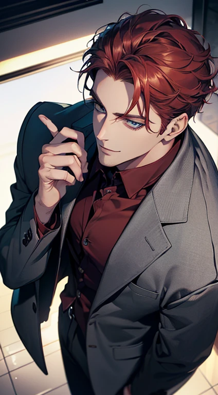 (best quality,8k,photorealistic,cinematic lighting,1:4 hdr image,top view,ultra detailed,masterpiece,beautiful image),(mature man),(very handsome),(short grey red hair),(grey blue eyes),(perfect face without errors),(buttoning his jacket,CEO),(smile in love)