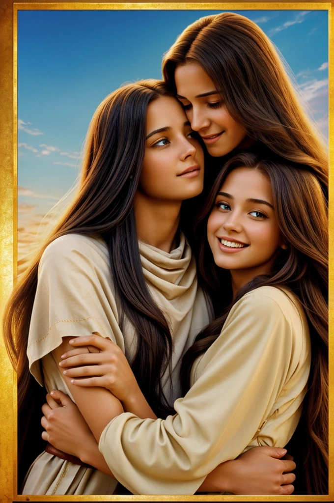 Disney Pixar type poster of Jesus of Nazareth, hugging a 20 year old woman with long golden straight hair on a beautiful day 
