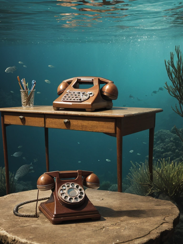 Sunken underwater retro old fashioned phone 60s on old retro desk. Water leaking out of the cracks of the phone..., hyperrealistic, 1960s, closed up, underwater 