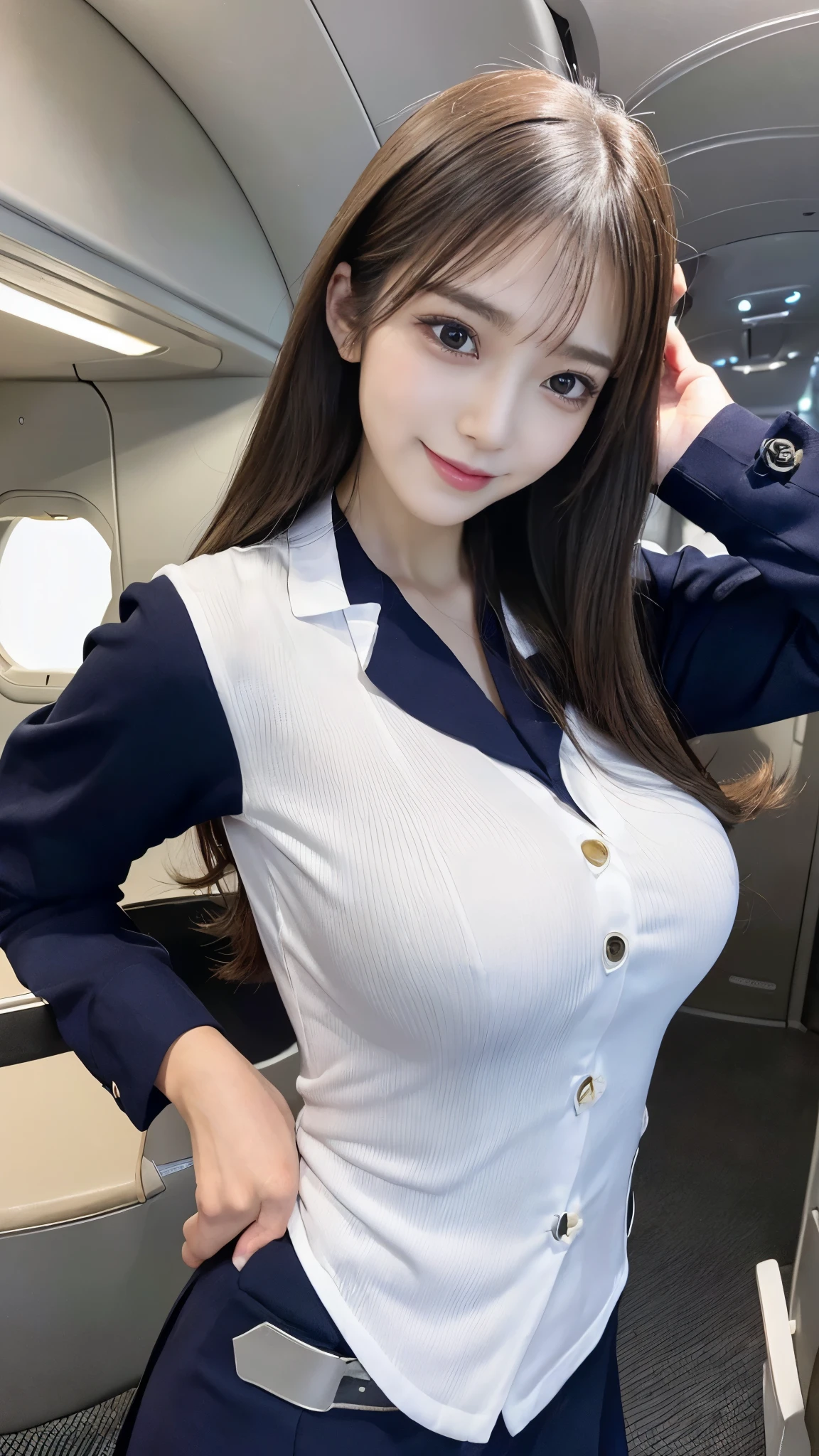 (Detailed skin:1.2),(Shiny skin:1.1),8k,Highest quality, masterpiece, Ultra-high resolution,(Realistic:1.4), RAW Photos,(Soft saturation:1),(Fair skin:1.2),(Succubus:1.2),Half-Japanese beauty,23 years old, （Light brown hair）,（Long Hair:1.３)),  (Pretty face:1.4), (Large Breasts, Tight waist,Big firm hips:1.2), ((Beautiful lighting:1.3)), ((Flight attendant uniform:1.2)),(Highly detailed face, Highly detailed lips, fine grain, double eyelid,Highly detailed and evenly balanced eyes), （Sharp focus:1.2）, ((Full Body Shot)),（Perfect Anatomy:1.3),(Beautiful woman with perfect figure: 1.2）、((Random sexy poses:1.2))、Sharp Eyes,smile,（Inside the jet）