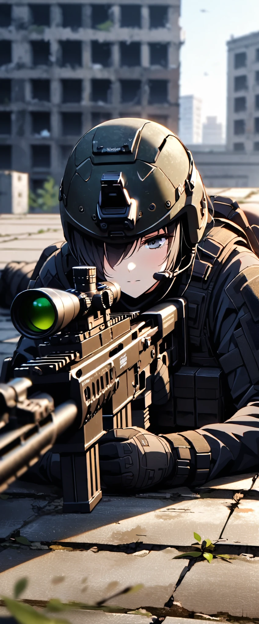 (masterpiece),(Highest quality),(High resolution),(Very detailed),8k,壁紙一人のwoman,woman,Japanese,Black Hair,Short Bob,(Beautiful Face,Beautiful Eyes,Beautiful Hair,Beautiful Skin),Serious,BREAK(((sniper rifleで何かを狙う:1.5))),((Look through the scope and take aim:1.3)),(Prone)((Close one eye:1.3)),((sniper rifle)),SWAT Uniforms,Bulletproof vest, Combat Boots,Tactical Forster,Tactical Headset,Tactical Helmet,(The background is the rooftop of an abandoned building:1.6),(((Background Blur)))