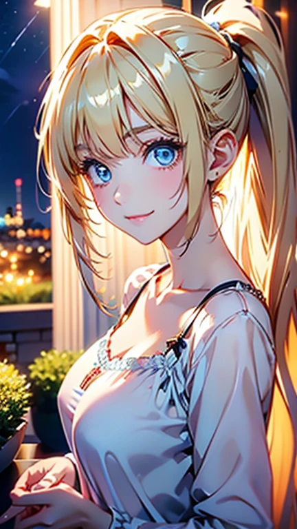 Best quality , masterpiece, Portrait、、Bright expression、ponytail、Young, shiny, white, glossy skin、Gloss Face、Shining Cheek Gloss、Small Face Beauty、The best beauty、The dazzling light of blonde hair、Bright blonde hair with dazzling highlights、Very beautiful shiny light blonde hair、super long silky straight hair、Her shiny, beautiful bangs are covering her eyes.、Sparkling, clear, attractive, bright, large, pale blue eyes、Very big eyes、eyeliner、very beautiful lovely cute 16 year old girl、Ample Bust, full body , smile , ((((night wear )))), huge breast