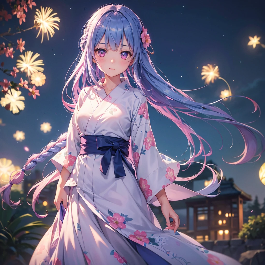Sky Blue Medium Hair, (Braided Hair),(Pink Eyes),Fair skin ,(whole body),(1 girl)、Floral Yukata、summer night、Fireworks fill the night sky、Straight bangs,(masterpiece, Highest quality, Very detailed, Best Shadow), (Detailed Background), (Beautifully detailed face), High Contrast, (Best lighting, Very delicate and beautiful), ((Cinematic Light)), colorful, Hyper Detail, Dramatic Light, Intricate details,