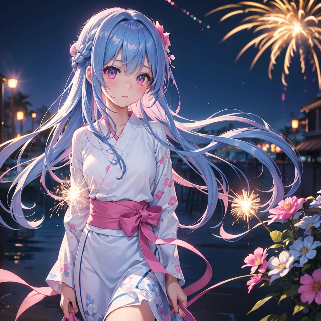 Sky Blue Medium Hair, (Braided Hair),(Pink Eyes),Fair skin ,(whole body),(1 girl)、Floral Yukata、summer night、Fireworks fill the night sky、Straight bangs,(masterpiece, Highest quality, Very detailed, Best Shadow), (Detailed Background), (Beautifully detailed face), High Contrast, (Best lighting, Very delicate and beautiful), ((Cinematic Light)), colorful, Hyper Detail, Dramatic Light, Intricate details,