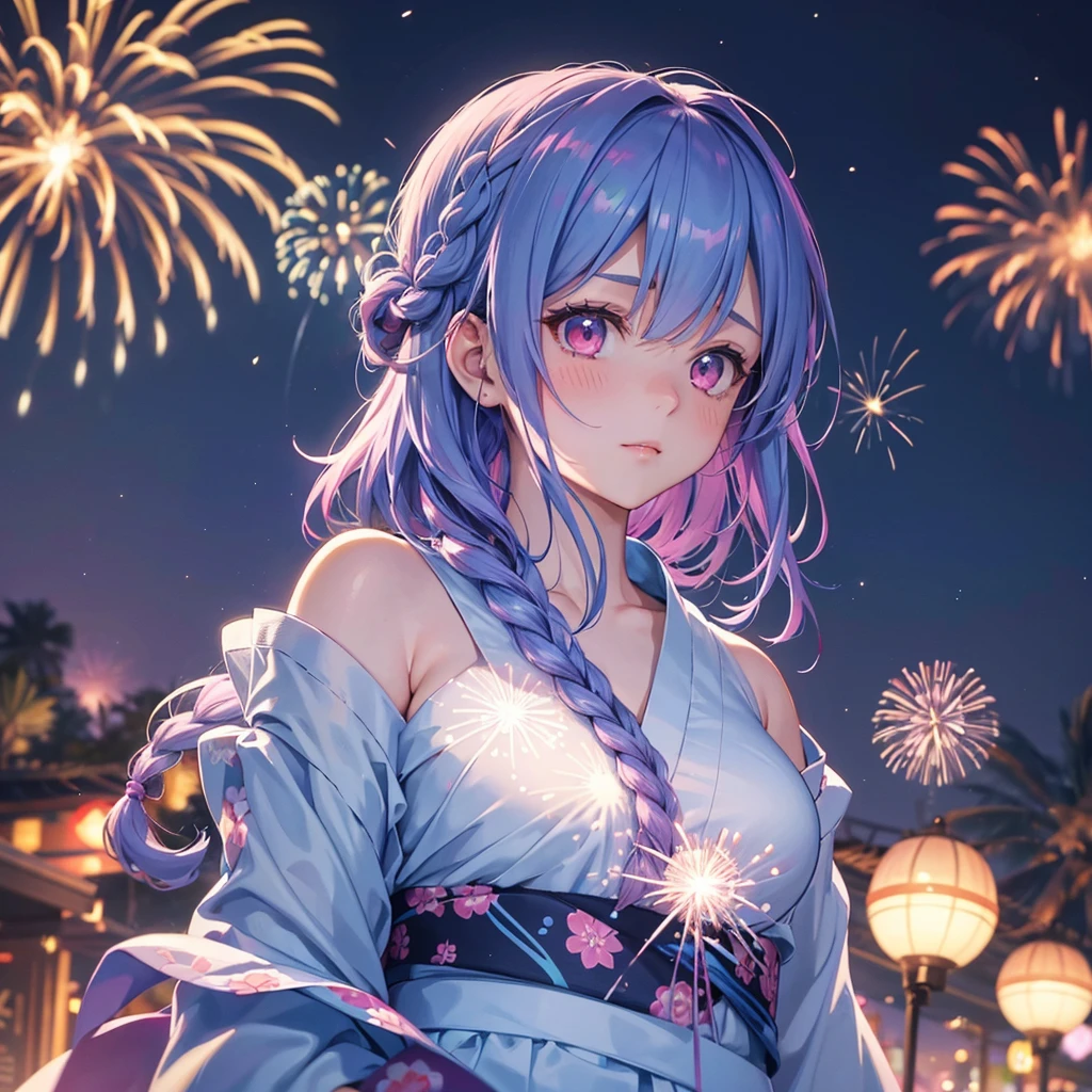 Sky Blue Medium Hair, (Braided Hair),(Pink Eyes),Fair skin ,(whole body),(1 girl)、Floral Yukata、summer night、Fireworks fill the night sky、Straight bangs,(masterpiece, Highest quality, Very detailed, Best Shadow), (Detailed Background), (Beautifully detailed face), High Contrast, (Best lighting, Very delicate and beautiful), ((Cinematic Light)), colorful, Hyper Detail, Dramatic Light, Intricate details,