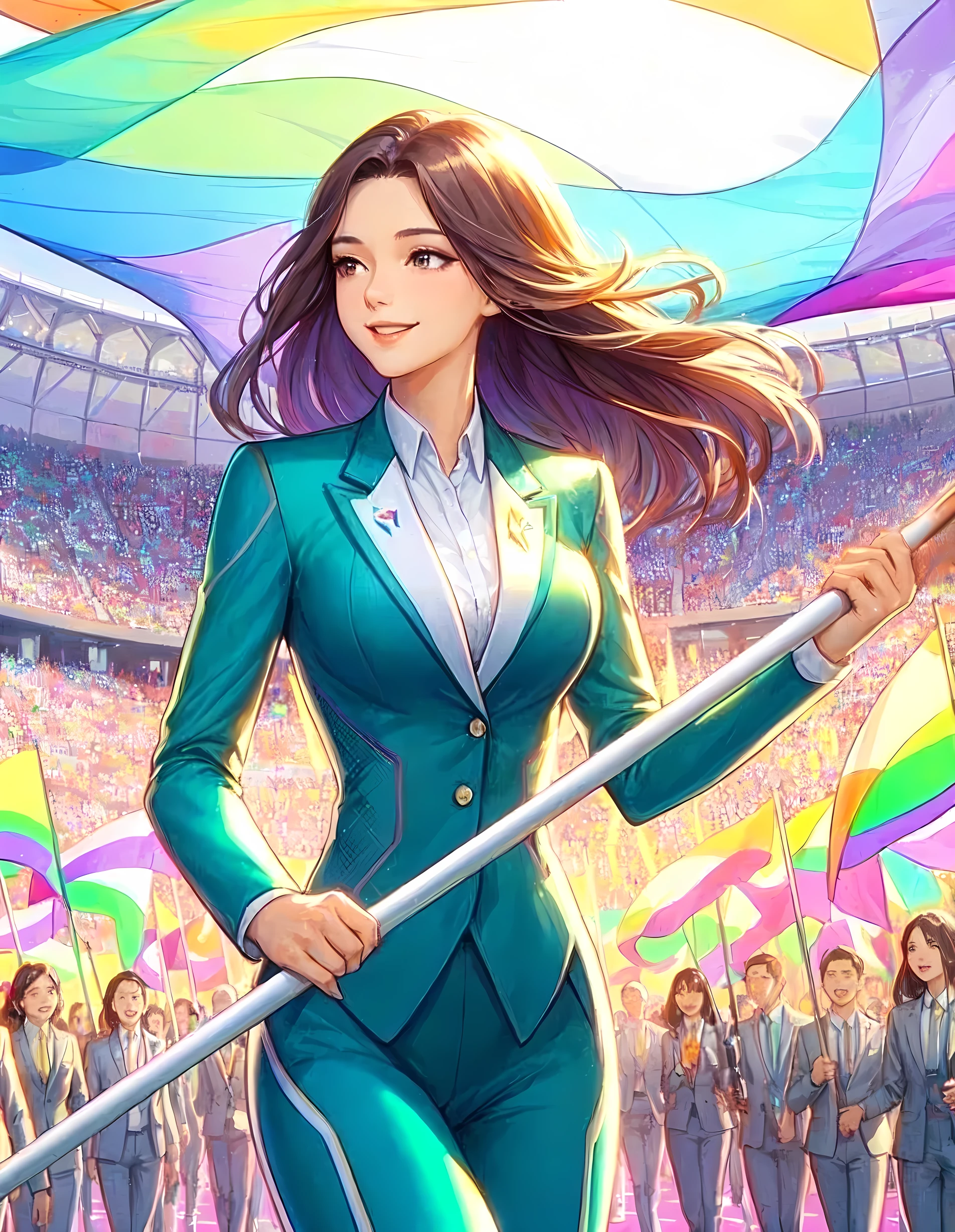 1lady walking slowly, (holding pole of large flag), (suit jacket with vibrant colors) (chic and innovative attire), (mature female:0.8), /(black hair/) bangs, brightly smile, (teeth:0.8), (masterpiece best quality:1.2) delicate illustration ultra-detailed, large breasts BREAK (large flag waving) BREAK (Olympic stadium) indoors, (opening ceremony), excitement, athletes, audience, detailed background