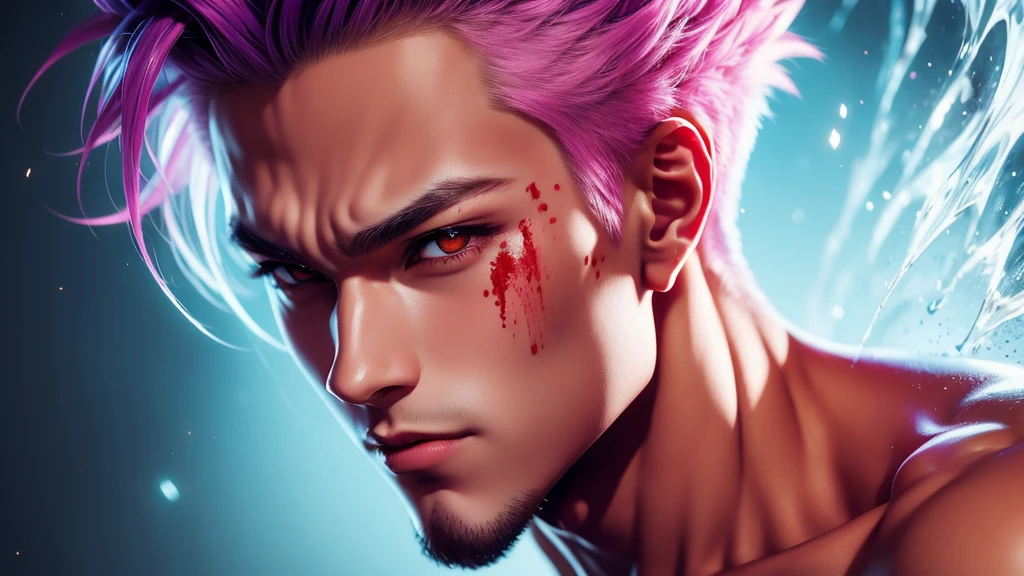 masterpiece, best quality, (extremely detailed CG unity 8k wallpaper, masterpiece, best quality, ultra-detailed, best shadow), (detailed background), (beautiful detailed face, beautiful detailed eyes), High contrast, (best illumination, an extremely delicate and beautiful),1girl,((colourful paint splashes on transparent background, dulux,)), ((caustic)), dynamic angle,beautiful detailed glow,full body, blood splash on face. , realistic anime 3 d style, seductive anime boy, anime realism style, attractive anime boy,beautiful alluring anime men, looking gojo satoru , ((gojo satoru)) gojo satoru of Jujutsu Kaisen, whole body, bloody,