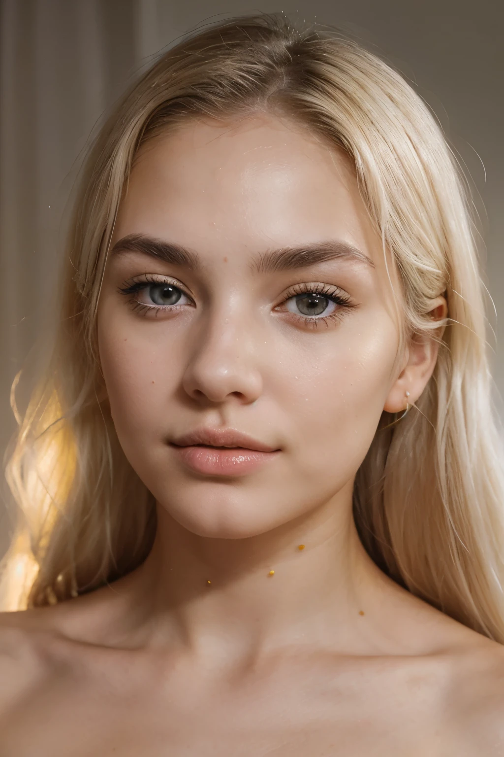 generate me the face of the most beautiful woman in the world, 20 years old, gray eyes, well defined eyebrows, straight nose, full lips, yellow blonde hair, Ukrainian, white and soft skin, detailed and with high realizmo, {{white illumination to the face}}.