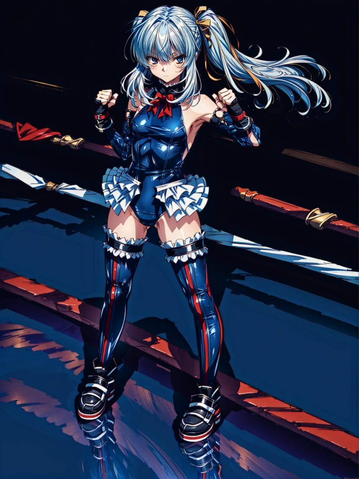 Masterpiece, Very detailed, Highest quality, Sharp focus, 12k, ultra hi resolution picture, big ,12k,Perfect Anatomy, Highest quality,,(Emotionless:1.4)
,Anime Style,(frilled swimsuit,thighhighs,detached sleeves), (Anime Style:1.6) ,
,(White fingers:1.4,Black gloves),
(Inside the fighting arena:1.4),,(full body:1.3),(1 Little Girl:1.4)