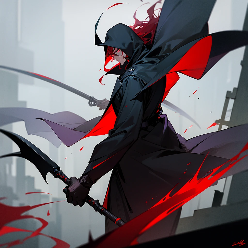 Dark Shadow in full body:
Short and Sweet:
 * A masked assassin with a deadly scythe, lurking in the shadows.
 * A tall, dark figure with a crimson scythe, haunting the night.
 * A mysterious man with glowing red eyes, a master of stealth.
More Detailed:
 * Dark Shadow, a skilled assassin wielding a deadly scythe, strikes fear into the hearts of his enemies with his towering height, crimson eyes, and long, flowing red hair. Behind his mask lies a dark and mysterious past.
 * Standing at 6'7" and weighing 392 lbs, Dark Shadow is a formidable opponent. Clad in all black, he blends seamlessly into the night, making him a truly terrifying predator. His signature scythe is always at the ready, capable of ending any life with a single, swift stroke.
Story-Oriented:
 * Haunted by his dark past, Dark Shadow roams the city, seeking redemption through violence.
 * As a member of a shadowy organization, Dark Shadow is tasked with eliminating anyone who threatens their power.
 * Dark Shadow is a vigilante, fighting crime with brutal efficiency. Though he is seen as a hero by some, his methods are often questioned.
Additional Prompts to Consider:
 * Origin: What is the source of his power? What turned him into an assassin?
 * Motivation: What drives him to kill? What is his ultimate goal?
 * Personality: Is he cold and calculating, or does he have a hidden depth?
 * Weakness: What is his one vulnerability?
Example Prompt for a Story:
> Dark Shadow glides across the rooftops, his long coat billowing behind him. His crimson eyes pierce the darkness as he scans the city below. The deadly scythe rests at his side, ready to be unleashed upon his next victim.