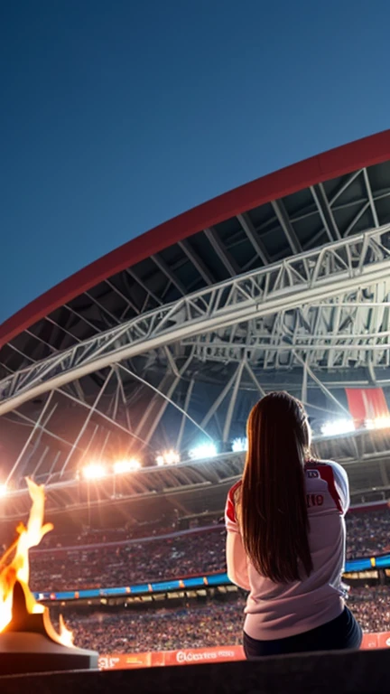 A woman watching the cheers from the stands ,Olympic stadium, (enthusiastic crowd),A large audience, Olympic cauldron, Olympic flame, Olympic rings,Olympic symbols