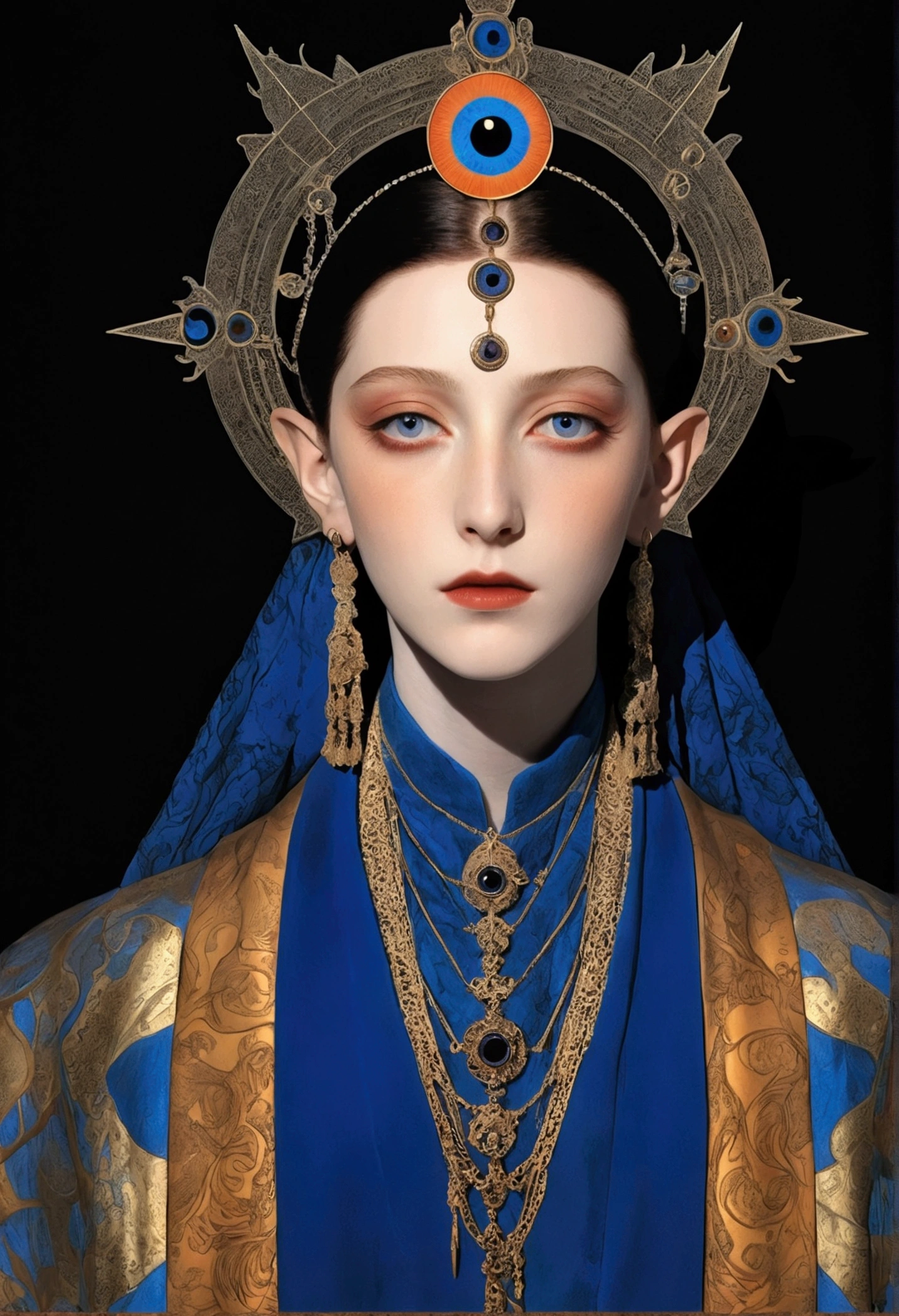 The art of math，Digital Illustration，Drawing，Decorative paintings，(((Harry Clark (Harry Clarke) style,圣地亚哥·卡鲁索style)))，Simple，clean，Fine painting style，(((The third eye on the forehead。short hair，Pointed ears，robe)))，Wide Angle，Black and blue，Solid color background，Compass background