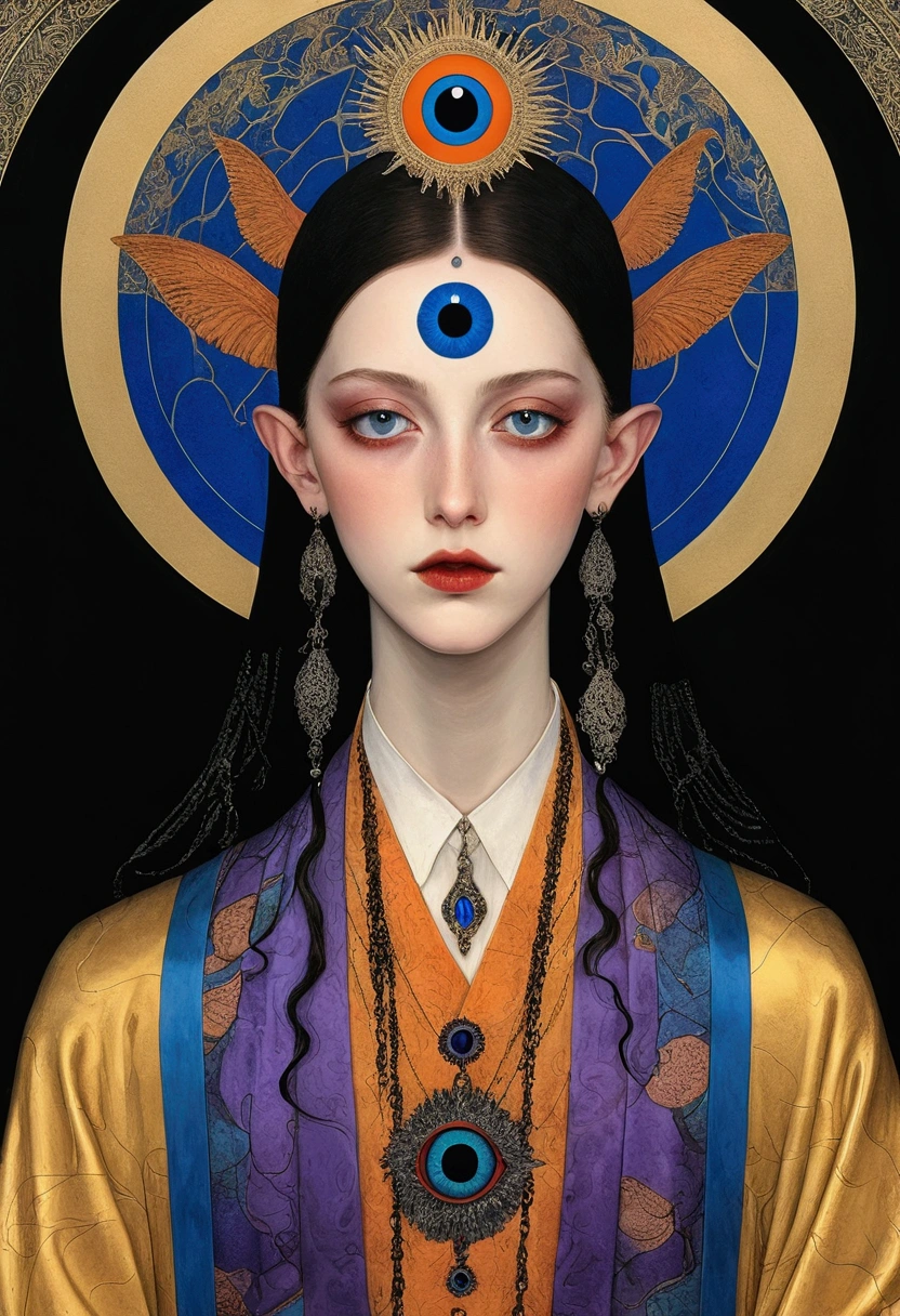 The art of math，Digital Illustration，Drawing，Decorative paintings，(((Harry Clark (Harry Clarke) style,圣地亚哥·卡鲁索style)))，Simple，clean，Fine painting style，(((The third eye on the forehead。short hair，Pointed ears，robe)))，Wide Angle，Black and blue，Solid color background，Compass background