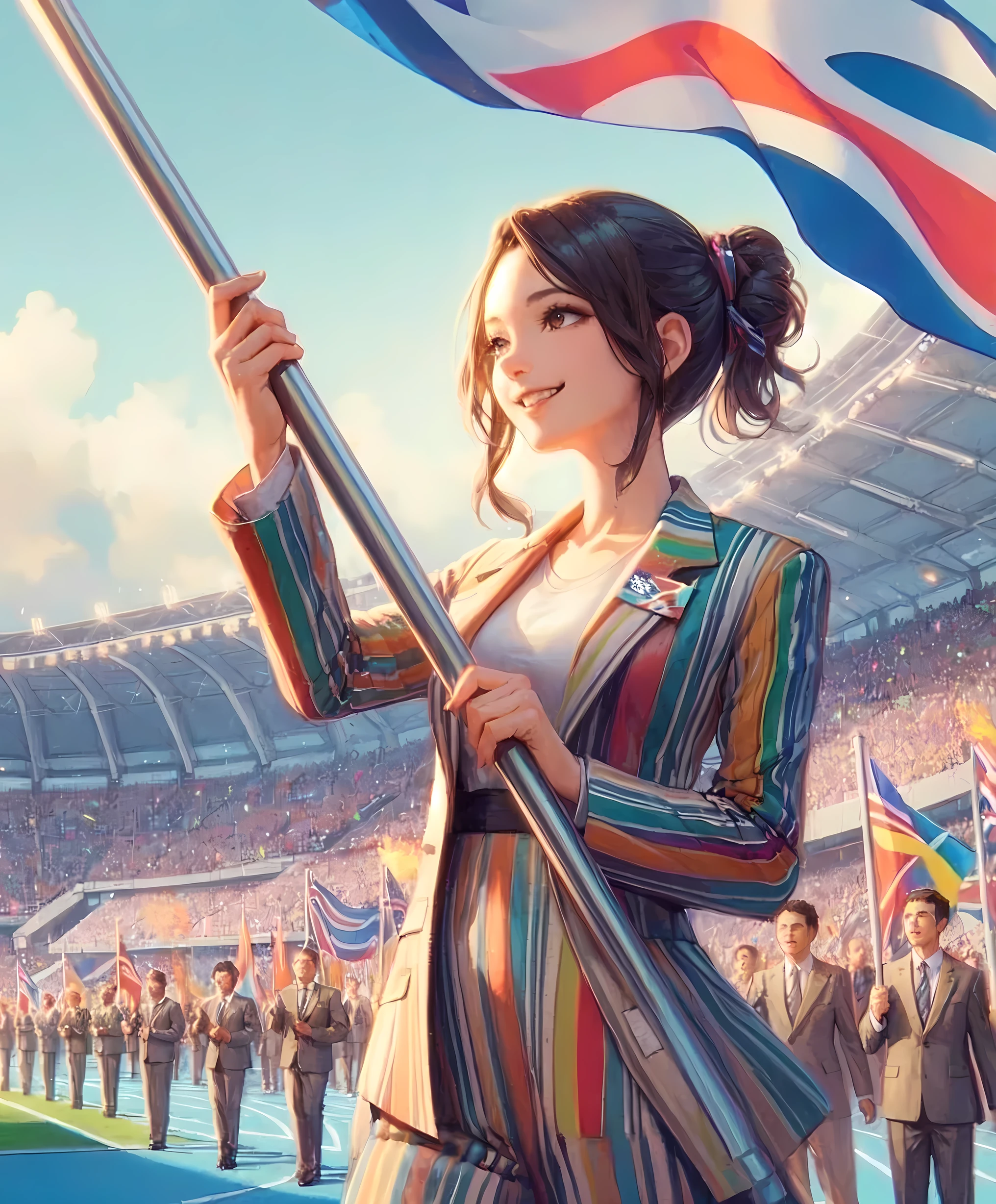 1lady walking slowly, (holding pole of large flag), (suit jacket with vibrant colors) (chic and innovative attire), (mature female:0.8), /(black hair/) bangs, brightly smile, (teeth:0.8), (masterpiece best quality:1.2) delicate illustration ultra-detailed, large breasts BREAK (large flag waving) BREAK (Olympic stadium) indoors, (opening ceremony), excitement, athletes, audience, detailed background