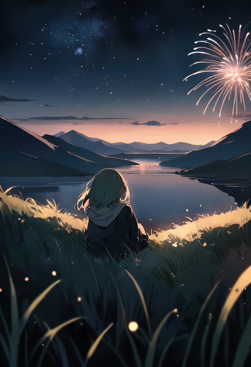 river, Beautiful fireworks at night, Green Grass, sad mood,space,masterpiece, Mountain々,Open the top a little,