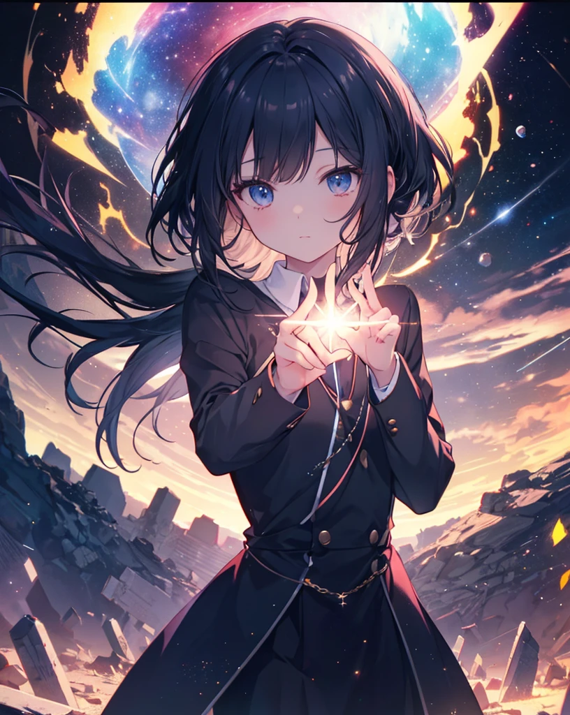 anime nekogirl looking at a shooting star above the clouds, highly detailed raw color photo, dynamic pose, (cosmic: 1.4), (necropolis: 1.1), (science fiction setting), chromatic aberration, depth of field, soft lighting, masterpiece, best quality, intricate, (lens reflection: 0.7), (flowering: 0.7), particle effects, ray tracing. She's holding a star.she has tremendous power.
