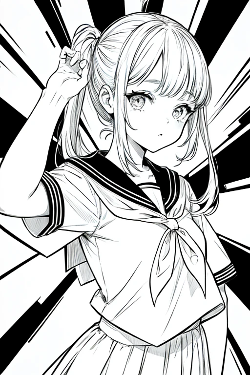 girl with sailor uniform, lineart, black and white,