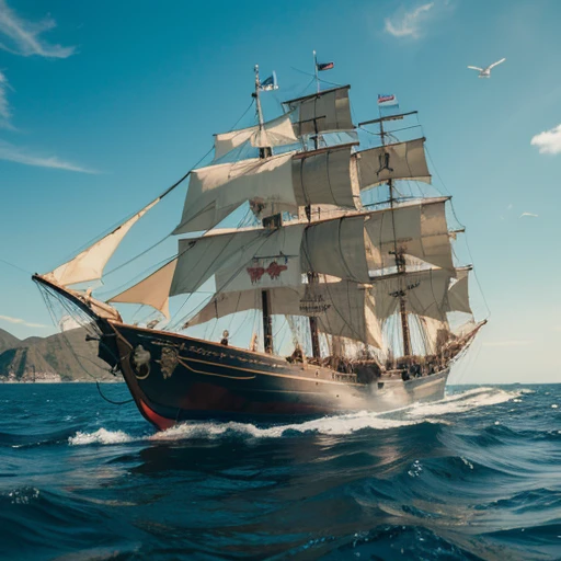 pirate boat on the high seas with pirate looking at jumping fish