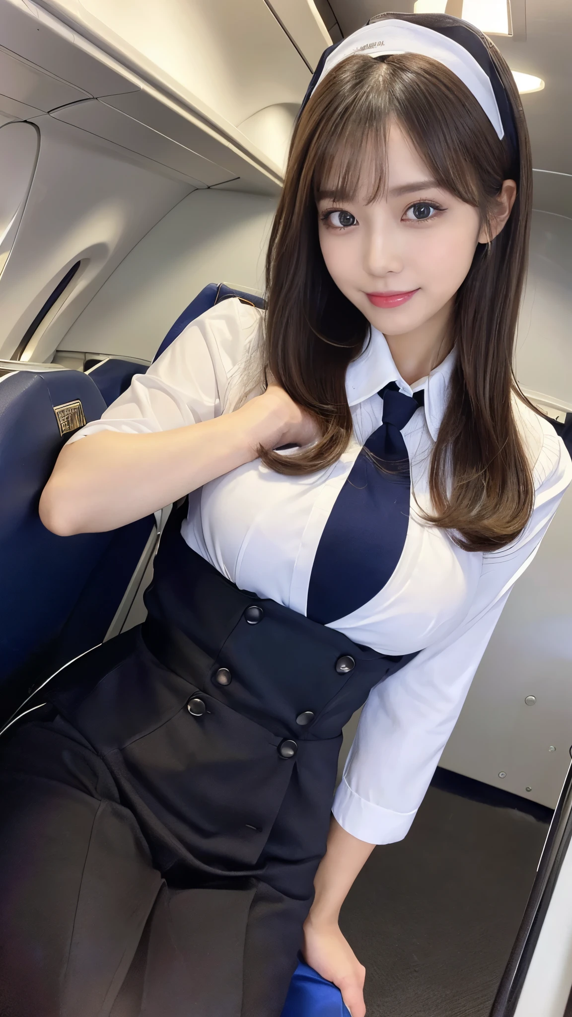 (Detailed skin:1.2),(Shiny skin:1.1),8k,Highest quality, masterpiece, Ultra-high resolution,(Realistic:1.4), RAW Photos,(Soft saturation:1),(Fair skin:1.2),(Succubus:1.2),Half-Japanese beauty,23 years old, (Light brown hair),(Long Hair:1.3)), (Pretty face:1.4), (Large Breasts, Tight waist,Big firm hips:1.2), ((Beautiful lighting:1.3)), ((Flight attendant uniform:1.2)),(Highly detailed face, Highly detailed lips, fine grain, double eyelid,Highly detailed and evenly balanced eyes), (Sharp focus:1.2), ((Full Body Shot)),(Perfect Anatomy:1.3),(Beautiful woman with perfect figure: 1.2)、((Random sexy poses:1.2))、Sharp Eyes,smile,(Inside the jet)