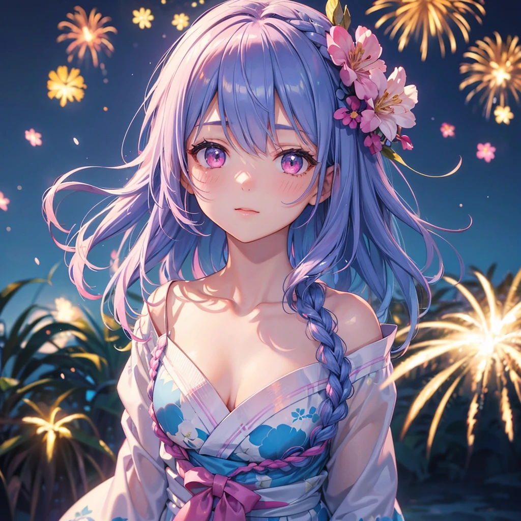 Sky Blue Medium Hair, (Braided Hair),(Pink Eyes),Fair skin ,(whole body),(1 girl)、Floral Yukata、summer night、Fireworks fill the night sky、Straight bangs,(masterpiece, Highest quality, Very detailed, Best Shadow), (Detailed Background), (Beautifully detailed face), High Contrast, (Best lighting, Very delicate and beautiful), ((Cinematic Light)), colorful, Hyper Detail, Dramatic Light, Intricate details,